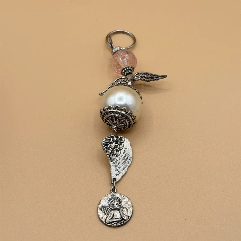 Guardian Angel Keychain Pearl Pink Bead Cherub Wing Charm Religious Prayer Gift